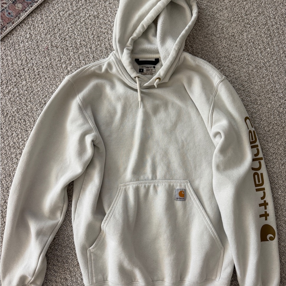 Carhartt Men’s Pullover Hoodie in Off-White with Sleeve Logo